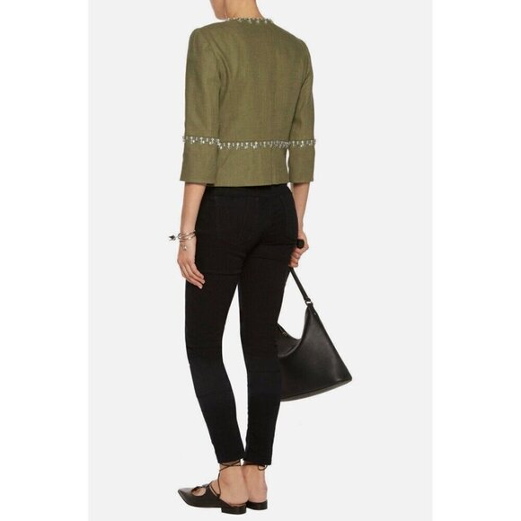 NEW! TORY BURCH Avery Hills Embellished Jacket Linen Blend Green SZ 4 - Picture 3 of 16